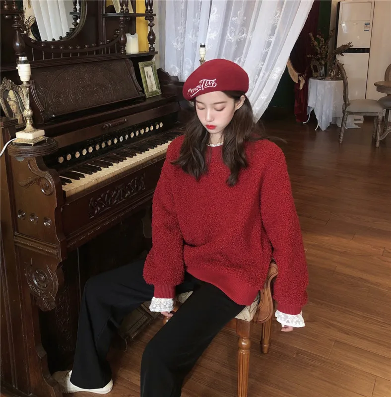

2020 new Fashion splice Lace Long sleeved pullover sweater women loose imitation lamb wool fake two Korean red tops Hot