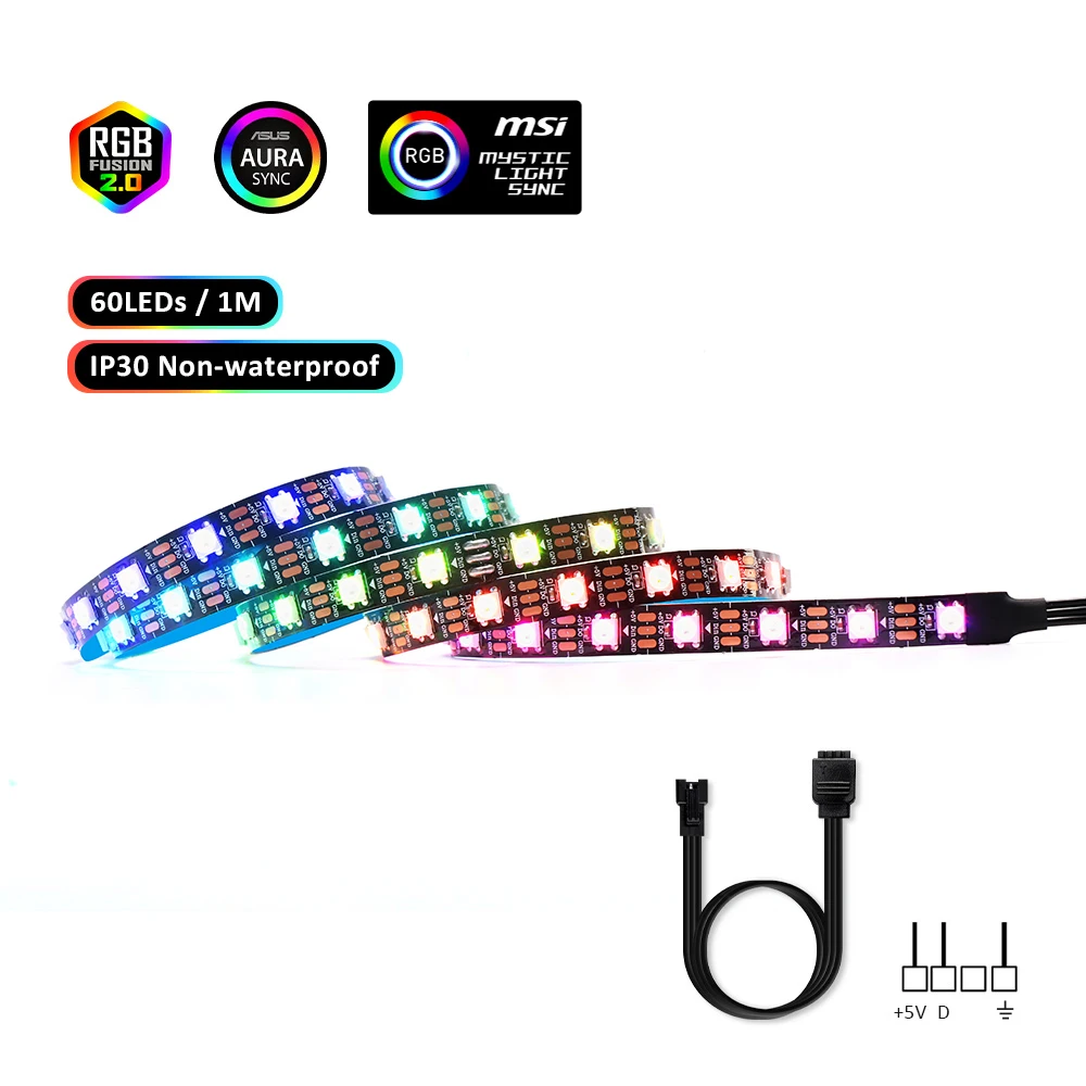 60 LEDs IP30 Материнская плата RGB адресуемых WS2812b Светодиодные ленты для ПК чехол для ASUS Aura SYNC, MSI Mystic светильник синхронизации, RGB Fusion 2,0, 3 Pin Header - Испускаемый цвет: 60 LEDs IP30