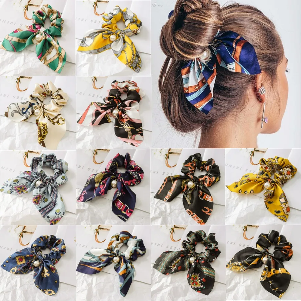 Женские шелковые резинки AOMU шифоновые с бантиком и жемчужным конским хвостом
