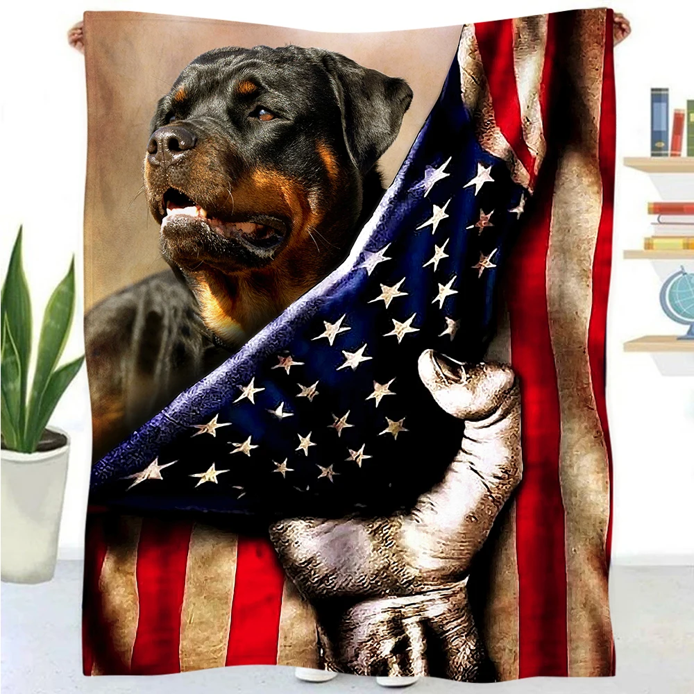 

German Rottweiler and American Flag Design Fleece Blanket Ultra-soft Cozy Double Sofa Blanket for Sleepping Warm Bed Quilt Manta