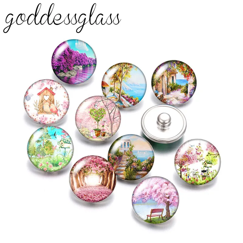 

New Flowers beauty trees scenery blossoms 10pcs Round photo 18mm snap buttons for 18mm snap necklace DIY findings jewelry