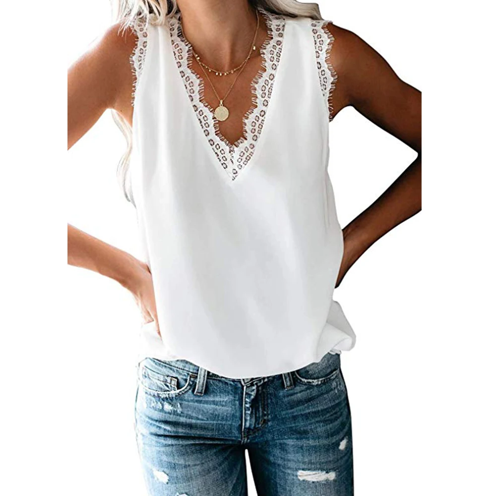 

Women's Sleeveless V Neck Lace Casual Tank Tops Shirts for Summer