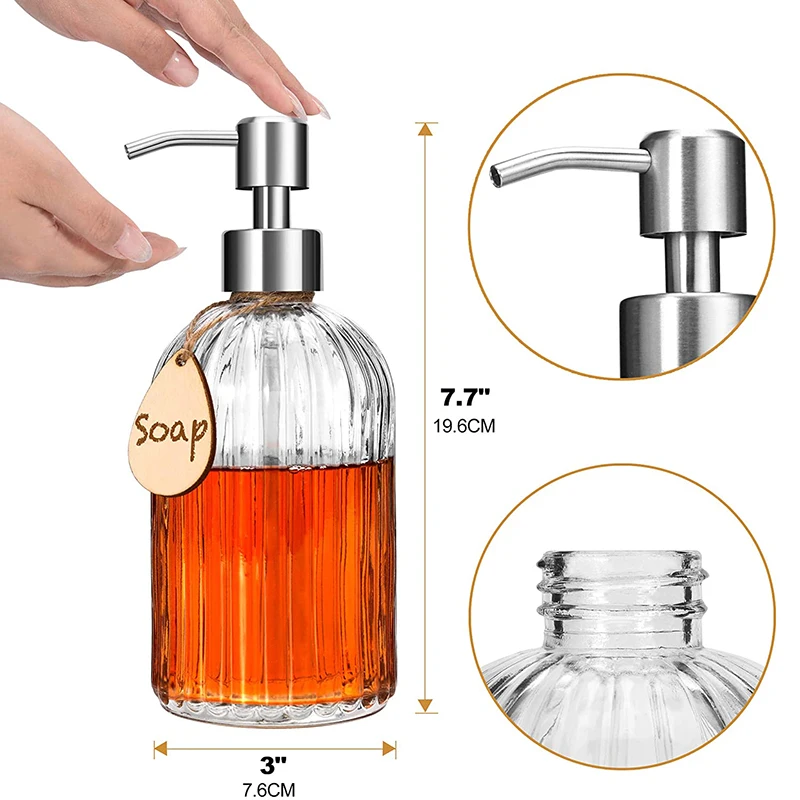 

400ml Glass Hand Liquid Soap Dispenser with Rust Proof Stainless Steel Pump Refillable Soap Dispenser for Bathroom Kitchen