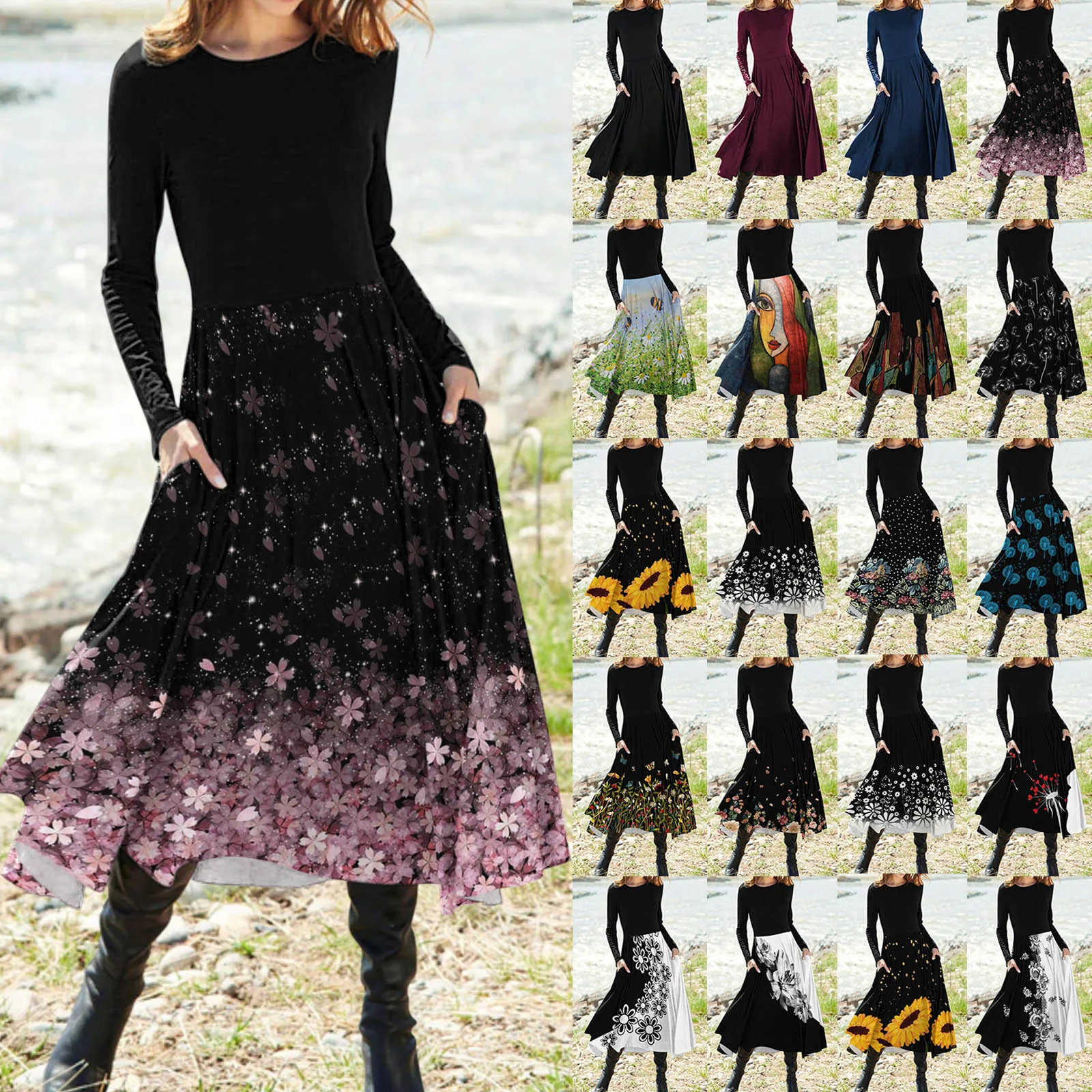 

Long Sleeve Dress Women Plus Size Elegant Fashion Floral Print Mid-Long A-line Dress Spring Autumn Ladies Base Skirt Casual Robe