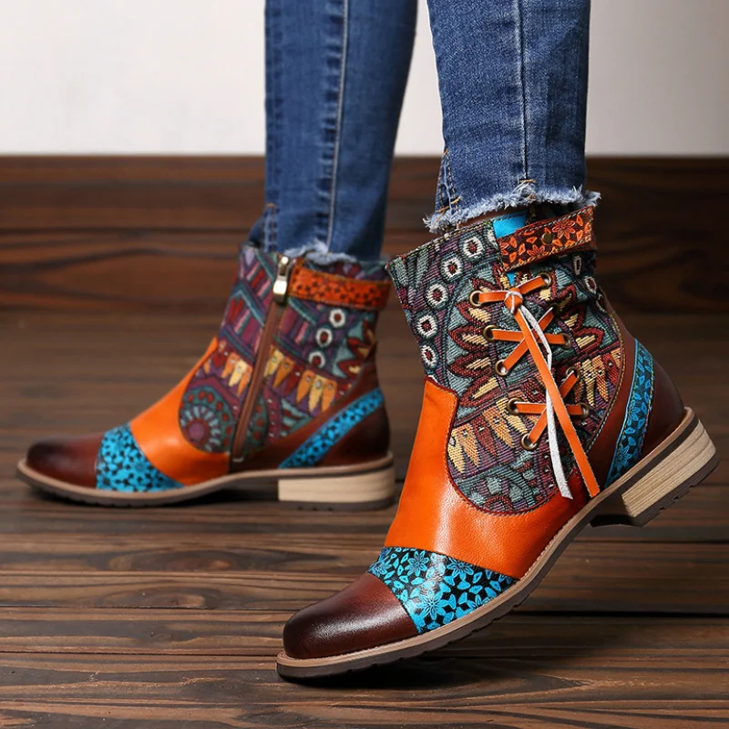 Winter Ethic Retro Women's Boots Multi Totem Print Patchwork Chunky Heel Buckle Lace Up Leisure Vintage Shoes Ladies Female 2020 | Обувь