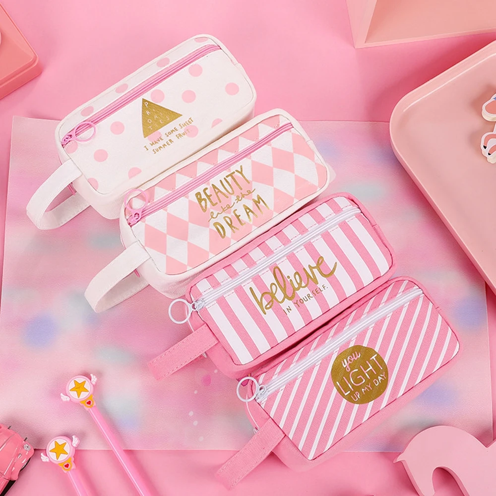 Милый Розовый школьный чехол для карандашей тканевый кожаный пенал школьная