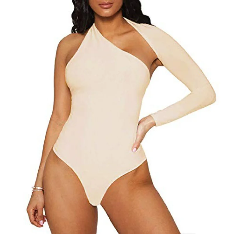 

Hot Womens Sexy Bodysuit Off One Shoulder Scoop Backless Skinny Tight Halter Playsuits One Sleeve Tops Button Blouse Beachwear