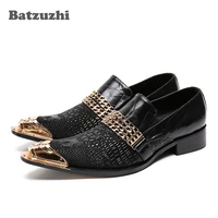 batzuzhi brand new men shoes gold metal pointed toe leather shoes men black wedding party oxfords flats zapatos hombre 38 46