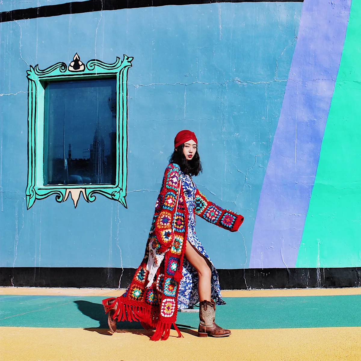 Nepalese Hand-Made Wool Hippie Crochet Box Stitching Ethnic Sweater Red Fringe Cardigan Long Coat