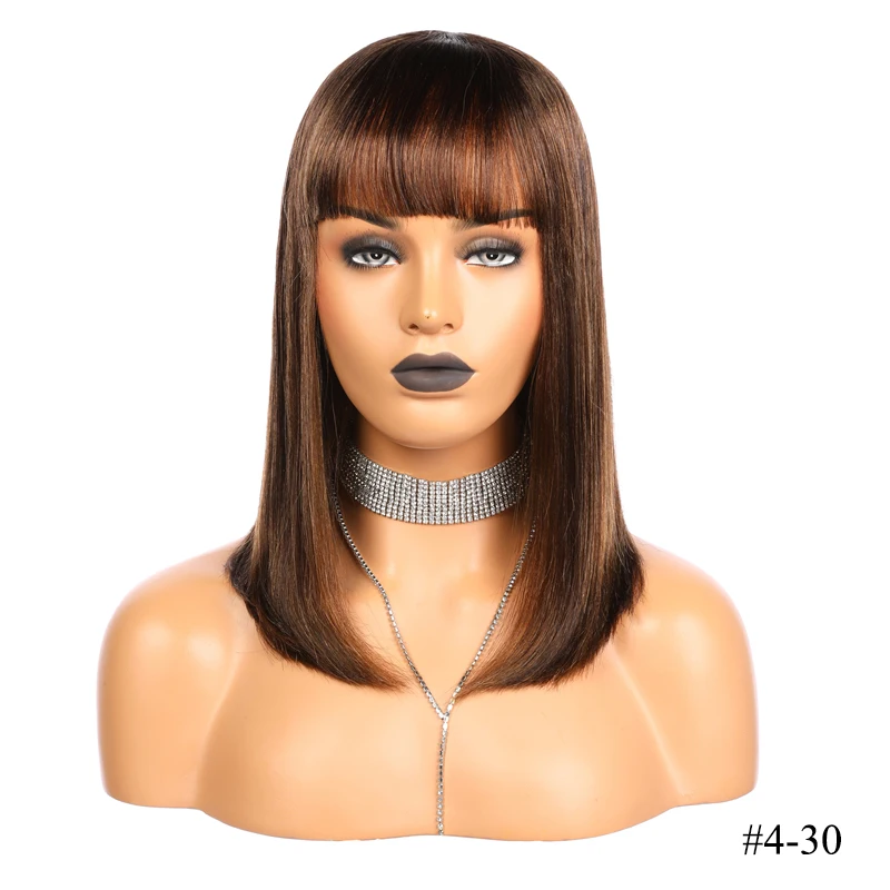 Straight Human Hair Wig with Bang Full Machine Made Wigs for Black Women Brazilian Remy Hair Wigs Natural Highlight Color 150% siv hair medium shaggy side bang natural straight colormix human hair wig