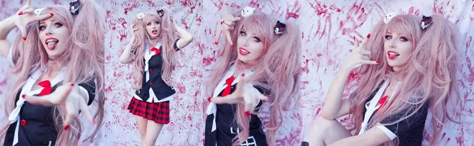 ANOGOL аниме Дзюнко Эносима Dangan Ronpa светильник розовый длинные волнистые синтетические Косплей парики конские хвосты черный белый медведь зажимы костюм