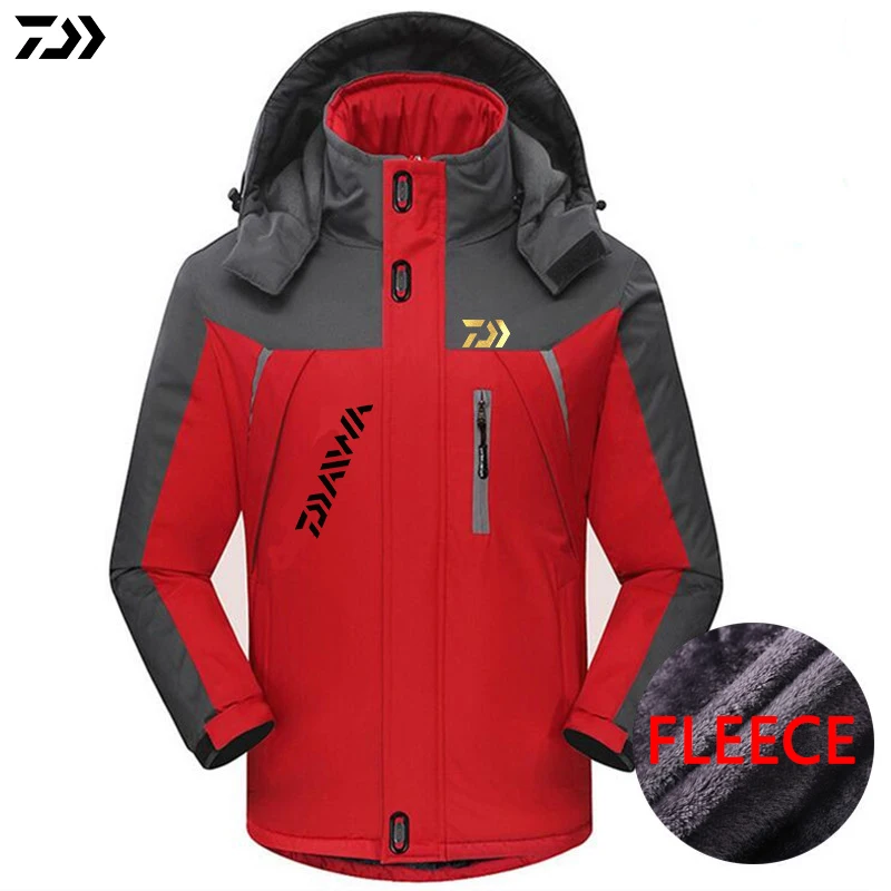 Красный Daiwa зимняя одежда для рыбалки плюс бархатные куртки Уличная одежда для кемпинга Мужская Осенняя Водонепроницаемая теплая Лоскутная одежда с капюшоном - Цвет: Красный