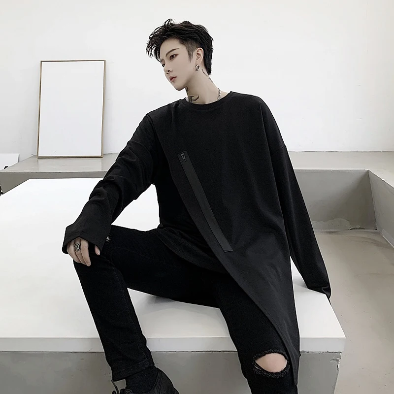 EWQ / men's wear 2020 vintage spring new Double-deck Lining Irregular Niche Long Sleeve T-shirt black round collar tops 9Y1010 | Мужская