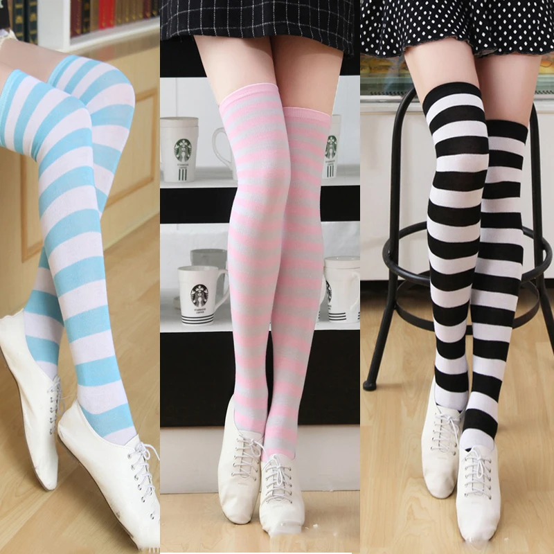 

Fashion Striped Thigh High Stockings Female Women Lace Sexy Cotton Stocking Spring Autumn Winter Knee Socks Over The Knee 2020
