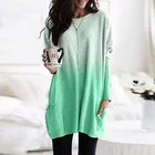 Футболки с длинными рукавами Цвет с О-образным вырезом, свободные, повседневные модельные туфли для женщин; Сезон весна-осень; С карманом топы с длинными рукавами размера плюс, женские платья с длинными рукавами