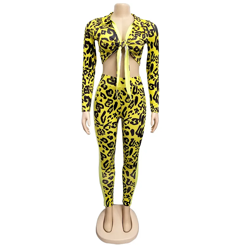 Leopard HAOYUAN, Леопардовый змеиный принт, комплект из двух предметов, женская осенняя одежда, сексуальные Клубные наряды, короткий топ с длинным рукавом, штаны, комплект из 2 предметов - Цвет: Leopard