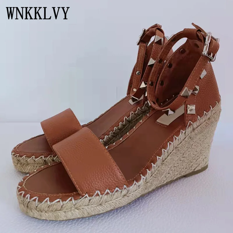

Real Leather Thick Sole Sandals Women Summer Wedge Open Toe Casual Vacation Sandalias Rivets Decor Ankle Strap High Heel Shoes