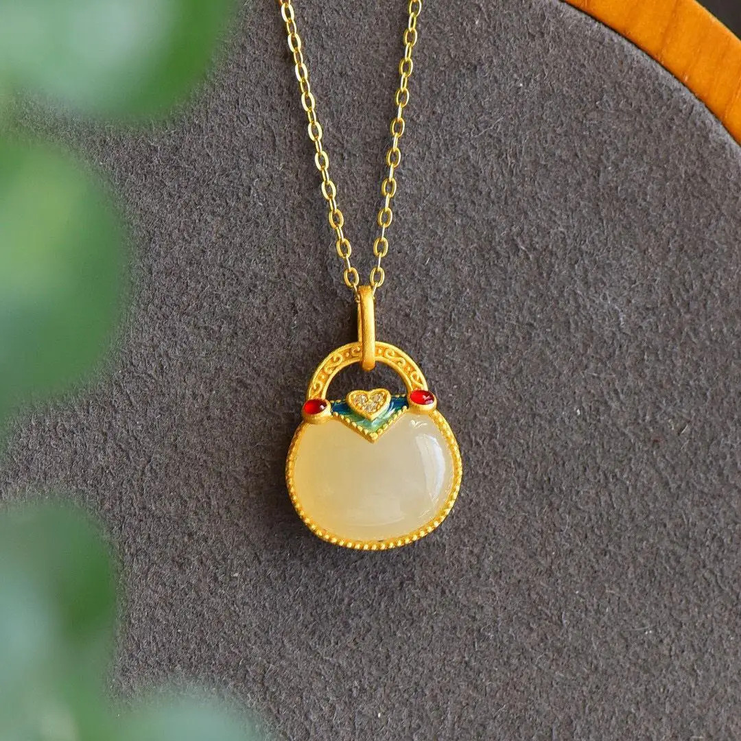 

Original S925 Sterling Silver Enamel Natural Hetian Jade Small Bag Lucky Purse Pendant Small Necklace Ornament