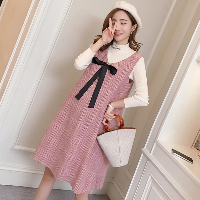 6596# 2PCS/Set Autumn Korean Fashion Maternity Dress Sweet Lovely Straight Loose Clothes for Pregnant Women Fall Pregnancy