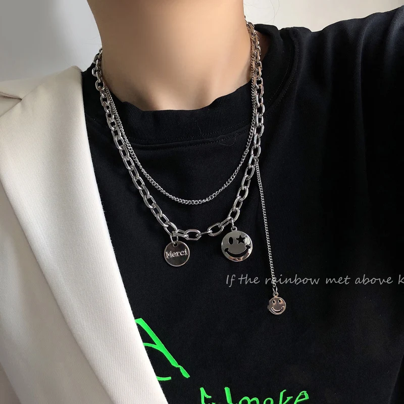 

Punk Smiley Layered Necklace Men Hip hop Stainless Steel Cuban Chain Dainty Coin Pendant Chokers Chunky Cute Women Fine Goth