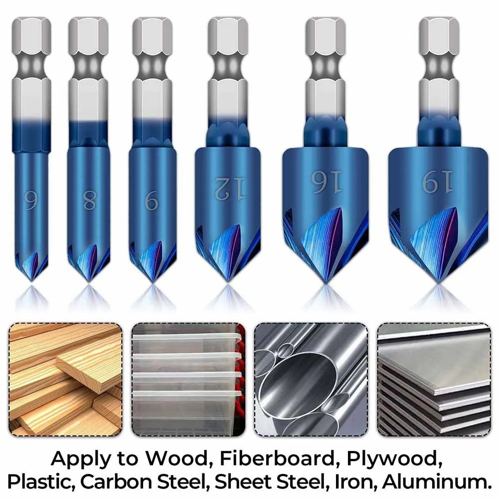 

6pcs 1/4" Hex Shank HSS Countersink Drill Bit 90 Degree Hexagonal Shank 5 Flute Nano Chamfer Tool Woodworking Drill Bits 6-19mm