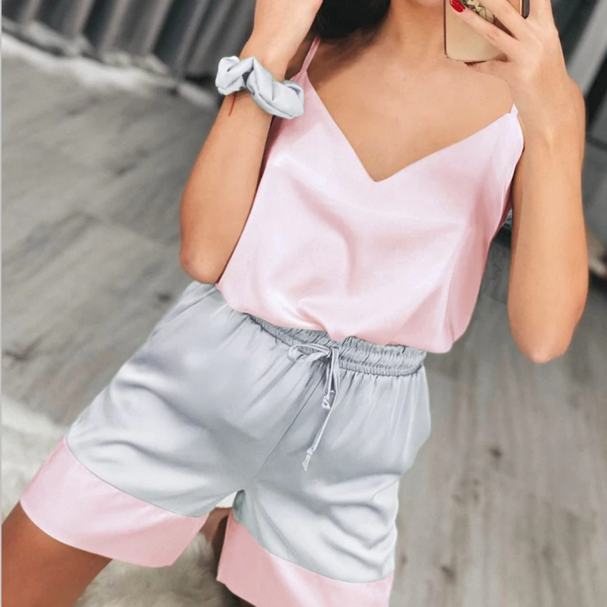 HiLoc Сращивание сексуальный пижамный комплект свободная v-образным вырезом