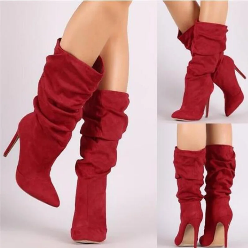 Women's High Boots Pleated Mid Calf High Heel Shoes 2022 Thin Heels Suede Boots Women Pointed Toe Sexy Pumps Party Female Winter