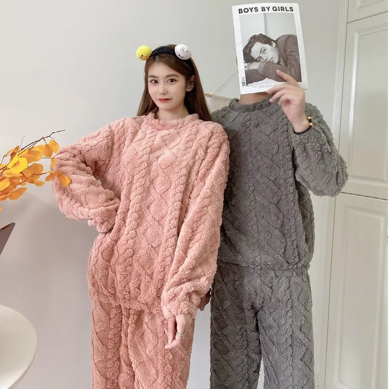 QWEEK Couple's Pajama Blue Gray Pink Warm Women's Pijamas Winter Coral Fleece Pyjamas Solid Color Round Neck Home Suit Nightwear