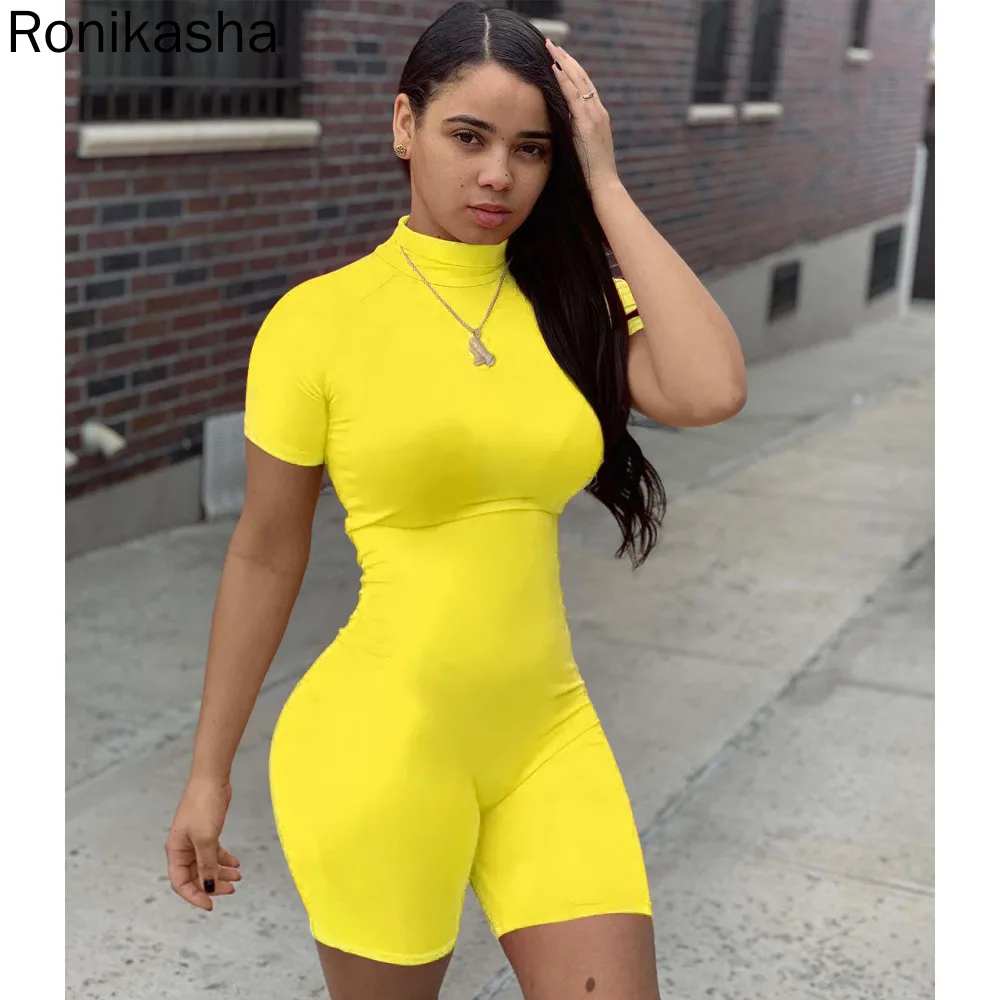 

Ronikasha Woman Casual Rompers Shorts Half Height Neck Leisure Basic Skinny One-piece Jumpsuits for Women