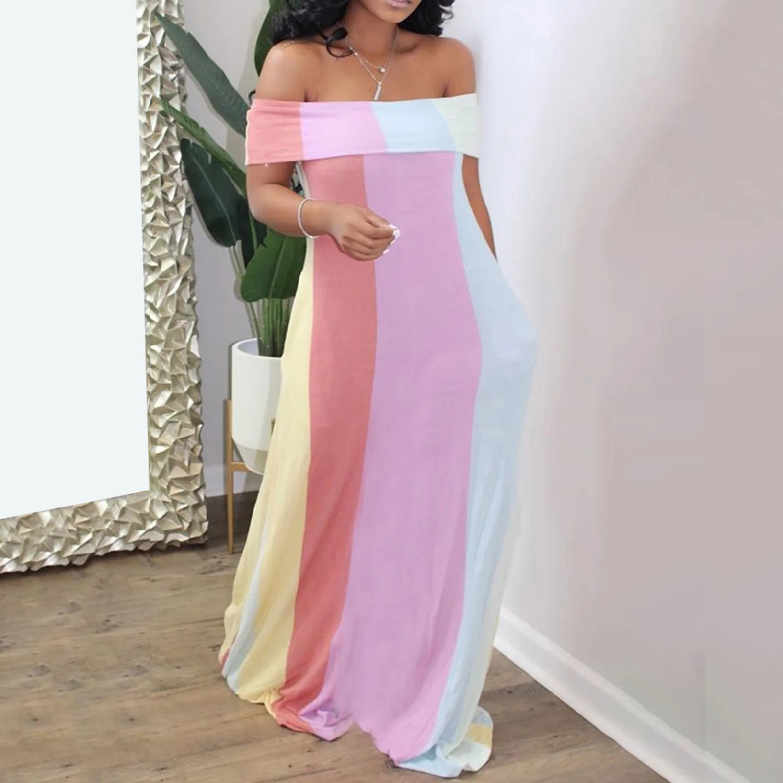 

40# Strapless Striped Print Long Dress Vintage Slash Neck Sleeveless Open Back Sexy Lady Maxi Dress Plus Size Elegant Robe Femme
