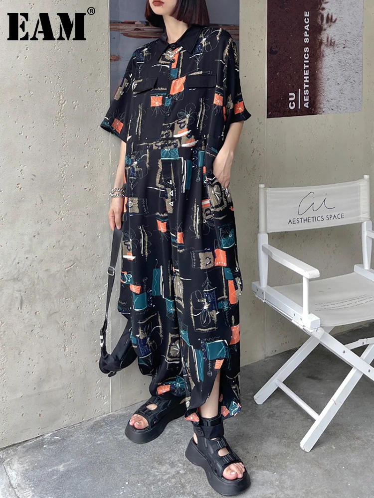 

[EAM] Loose Fit Women Black Pattern Printed Long Jumpsuit New High Waist Pocket Stitch Pants Fashion Spring Summer 2021 1DE0432