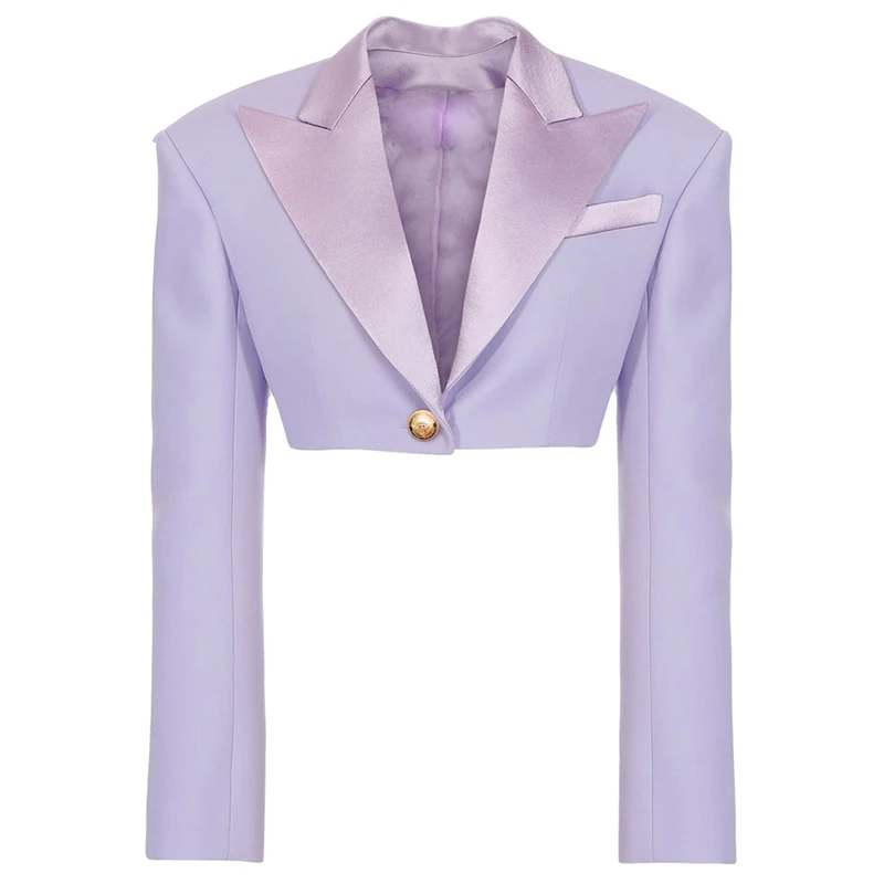 

HIGH STREET Newest 2021 Designer Blazer Women's Satin Collar Single Button Crop Blazer Jacket