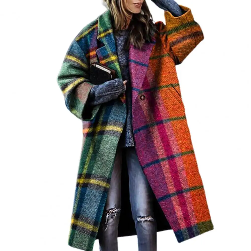 

Lady Coat Buttons Vintage Style Abstract Face Print Turn-down Collar Women Long Jacket for Winter