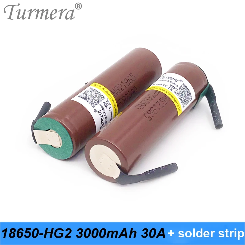 Turmera original inr18650 hg2 18650 3000 мАч 30a с пайкой для шуруповерта и аккумулятора