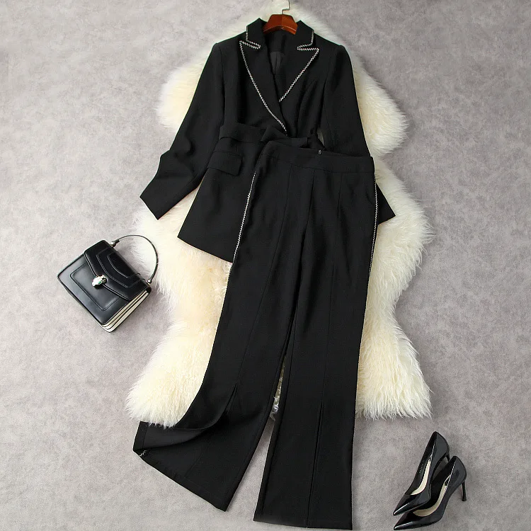 

European and American women's wear new autumn 2022 Long-sleeved double-breasted belt coat trousers Fashion suits