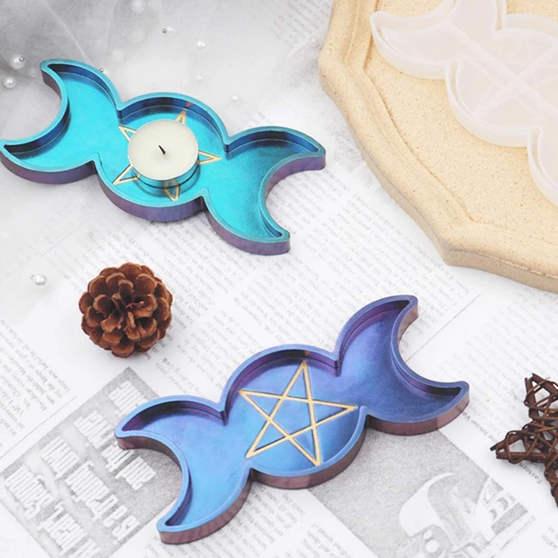 

3 PCS Dish Resin Moulds Crescent Moon Silicone Tray Mould Oval and Round Epoxy Resin Casting Molds with Pentagram