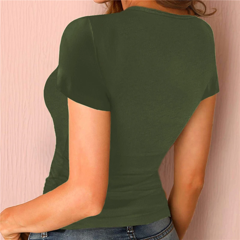 

Women's Fashion T-shirt Summer New Solid Color U-neck Pullover Tight Fitting Breathable Comfortable Ladies Short Sleeved T-shirt