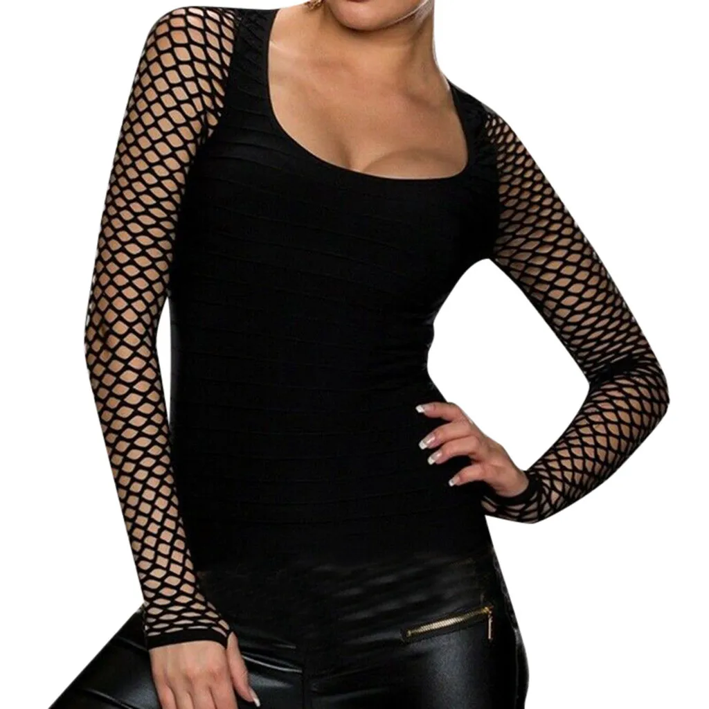 Women Slim Low Cut Long Sleeve Blouse Net Tops Punk Rock Gothic Fishnet Shirt #s