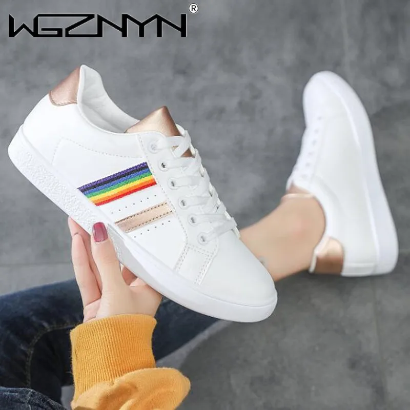 

Женские кроссовки с радужным украшением, дышащие универсальные, на шнуровке, Нескользящие, повседневные, белые