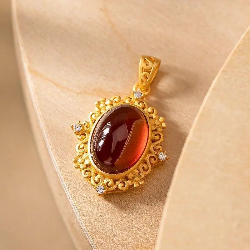 

Garnet S925 Sterling Silver Song Style Hanfu Necklace Vintage Pendant Elegant Orange Color Classic Rough Stone Single Pendant Ch