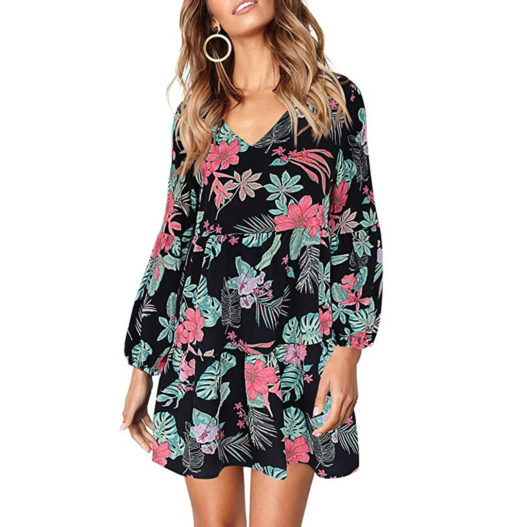 2020 Новое модное женское платье в стиле бохо с принтом мини длинным рукавом и v