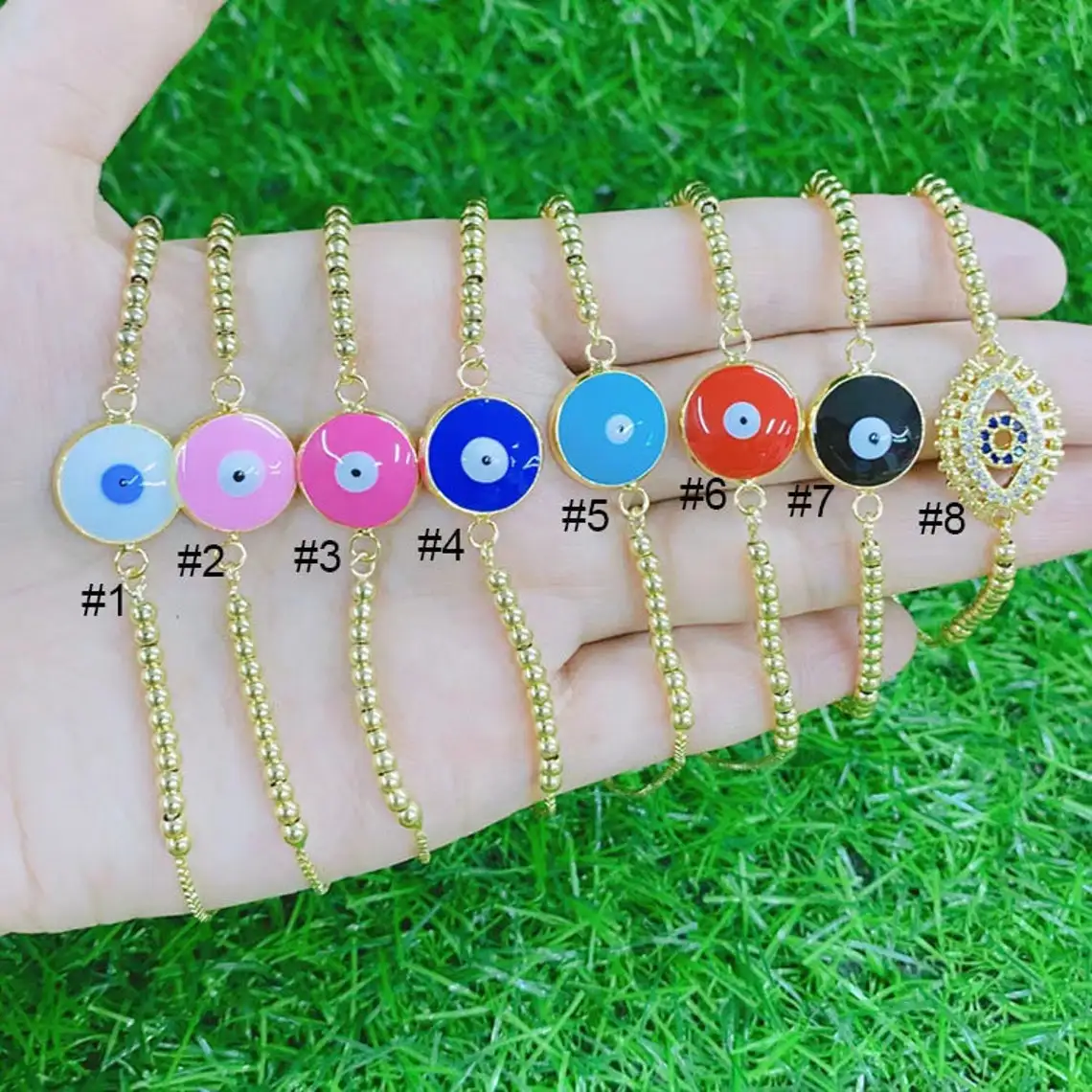 

10Pcs Chic Tiny Gold Beaded Adjustable Slide Chain Colorful Enamel Eyes Beaded Bracelets Charms for Ladies