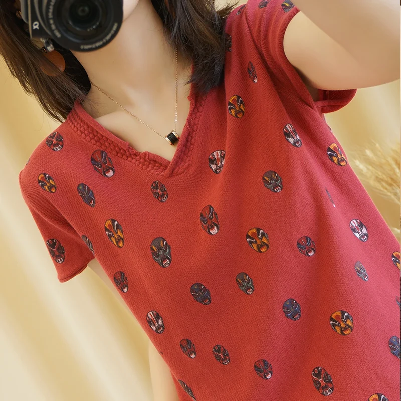 

Casual New Women's T-shirt 100% Cotton Pure and Fresh Women's T-shirt Gorgeous Design V-neck Wild Large Loose T-shirt