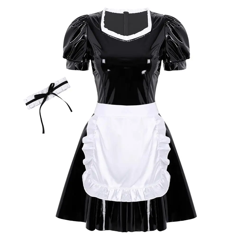 Женское платье из лакированной кожи с пышным рукавом трапециевидного силуэта