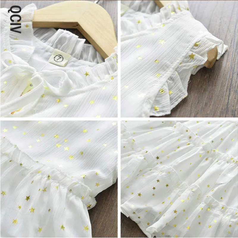 

New Summer Girl Mini V Neck Short Sleeve Cotton Ruffle Bow White Star Western Style Chao Fan Princess Dress