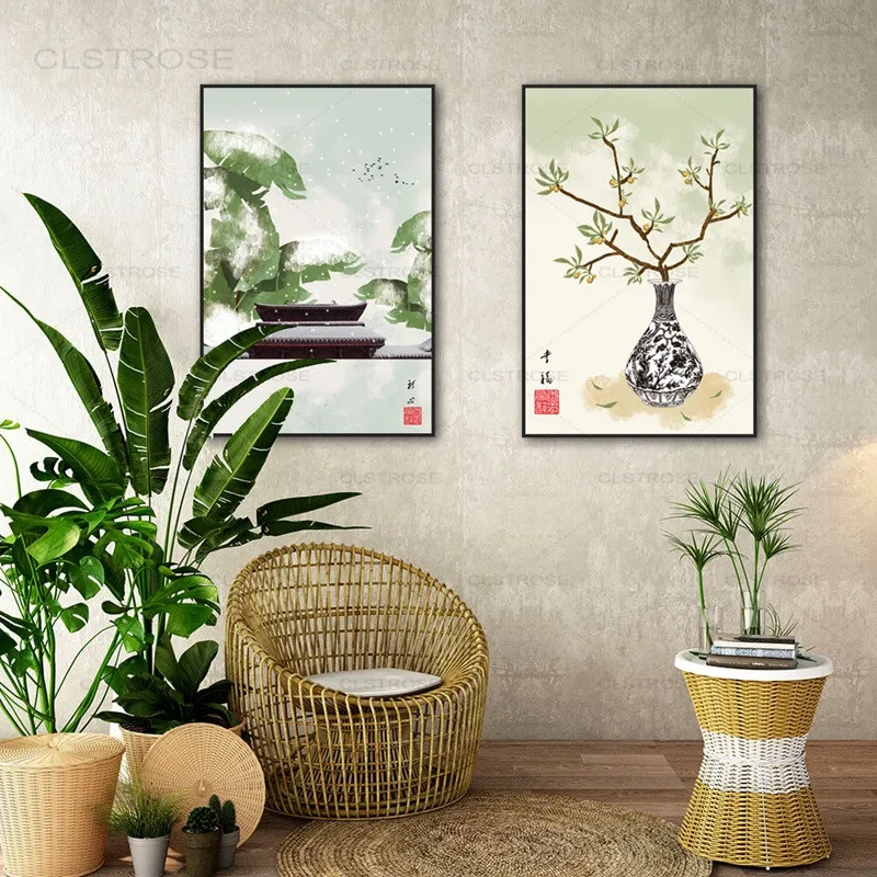 Фольклорный пейзаж на заказ холст с рисунком в китайском стиле для кабинета