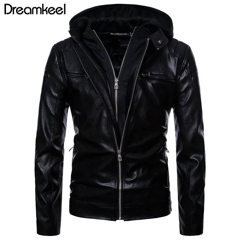 Мужская кожаная куртка с капюшоном черная Повседневная мотоциклетная из