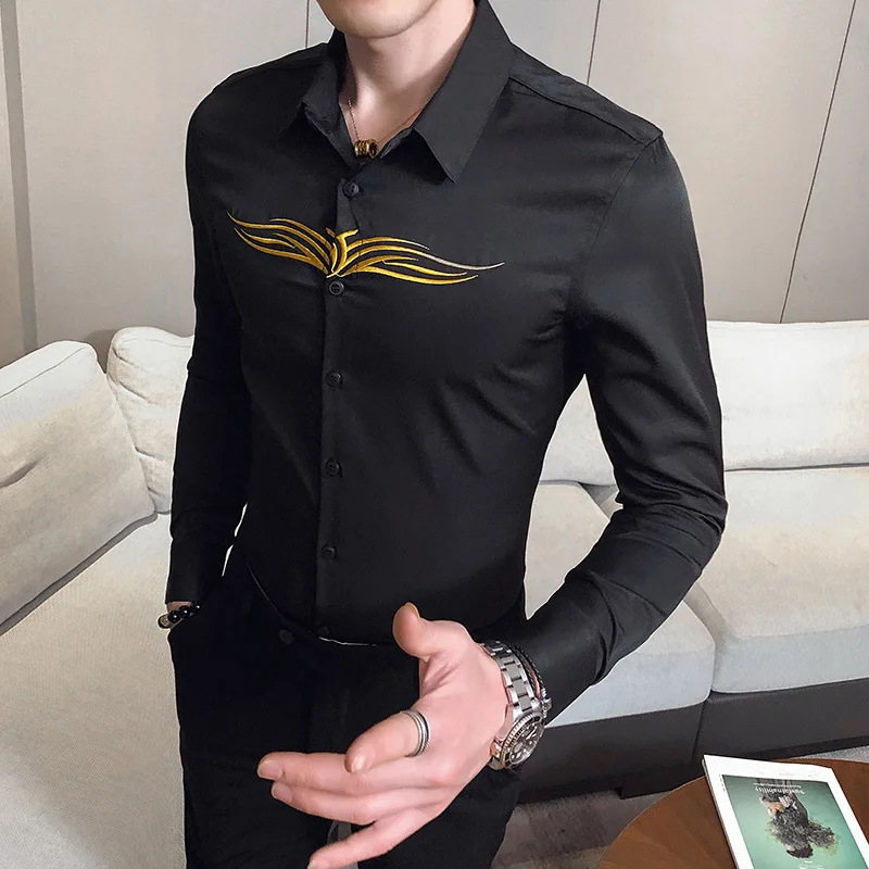 

2020 Men's Embroidered White Black Shirt Long Sleeve Casual Slim Fit Men Dress Shirts Formal Business Streetwear Social Shirts