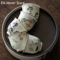 2pcset hand painted ink plum blossom flower art tea cup silver mouth ceramic single master cup household kung fu puer teaware
