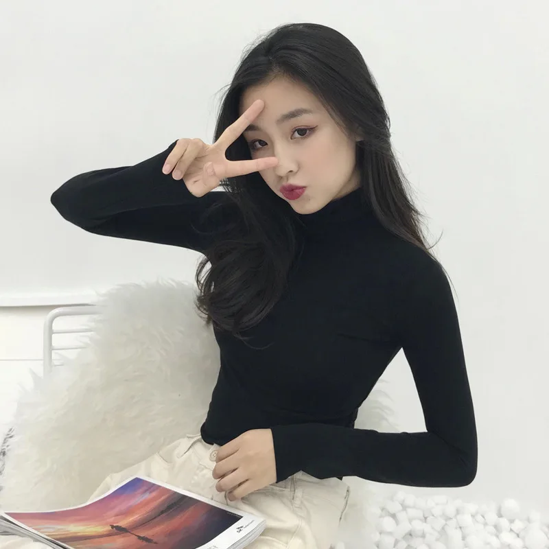 

Новинка 2021, модная однотонная женская футболка из тонкого хлопка с высокой горловиной